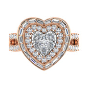 14K Pink Gold 1 1/2.Tw. Round and Straight Baguette Diamond Heart Ring
