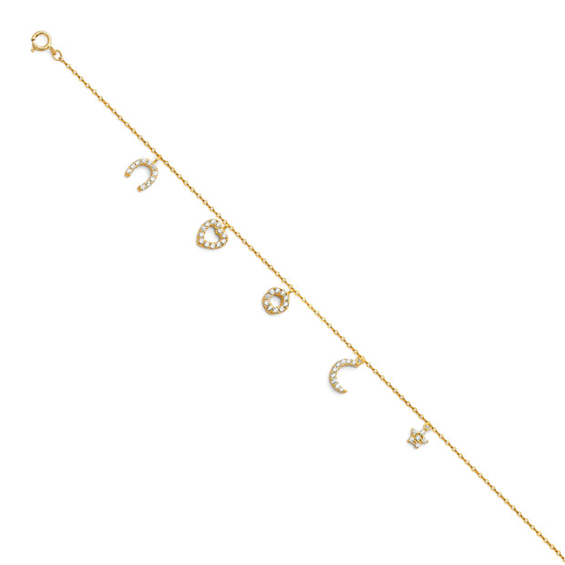 14K CZ Chain Anklet Moon Heart Star