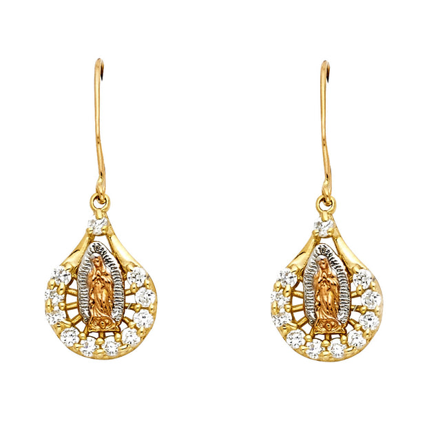 14K  Hanging CZ Our Lady of Guadalupe Earrings