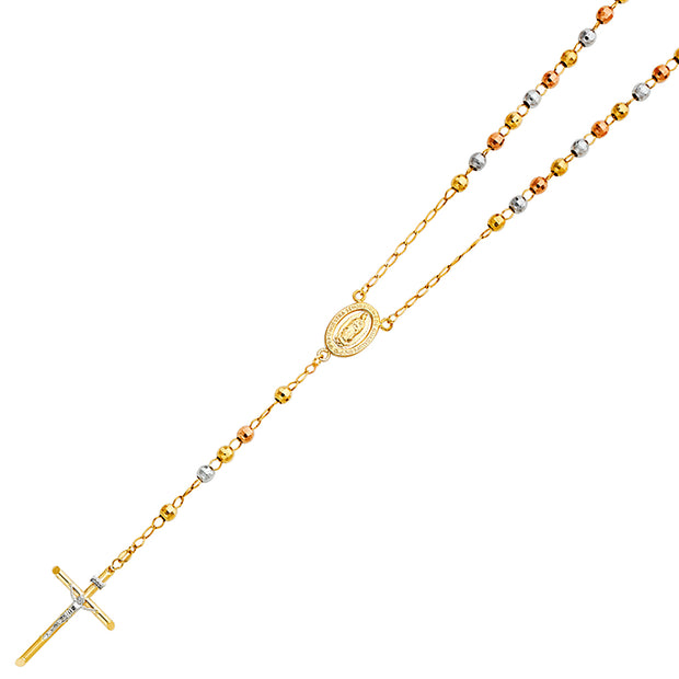 14K THREE COLORED GOLD 5MM DISCO BALL ROSARY NECKLACE