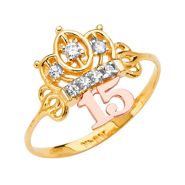 14K 15 Years CZ Crown Ring