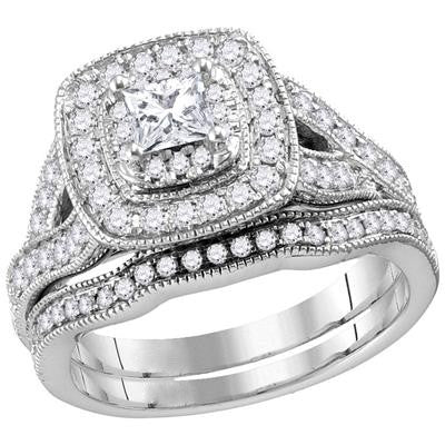 14K WHITE GOLD PRINCESS DIAMOND BRIDAL WEDDING RING SET 1-1/8 CTTW (CERTIFIED)