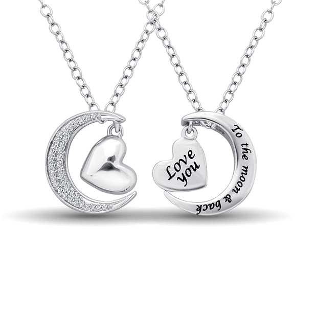 Sterling Silver 1/8 Ct.tw Diamond Heart  & Moon Pendant
