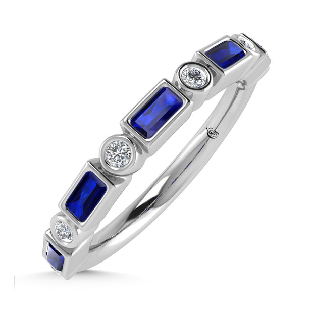 14K White Gold  3/8 Ct.Tw. Alternate Diamond and Blue Sapphire Stackable Band
