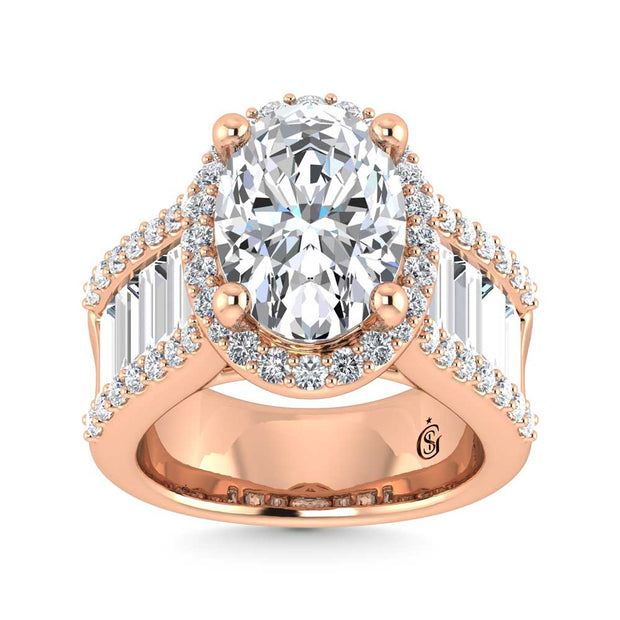 14K Rose Gold Lab Grown Diamond 8 Ct.Tw. Round and Baguette Shank Engagement Ring (Oval Center)