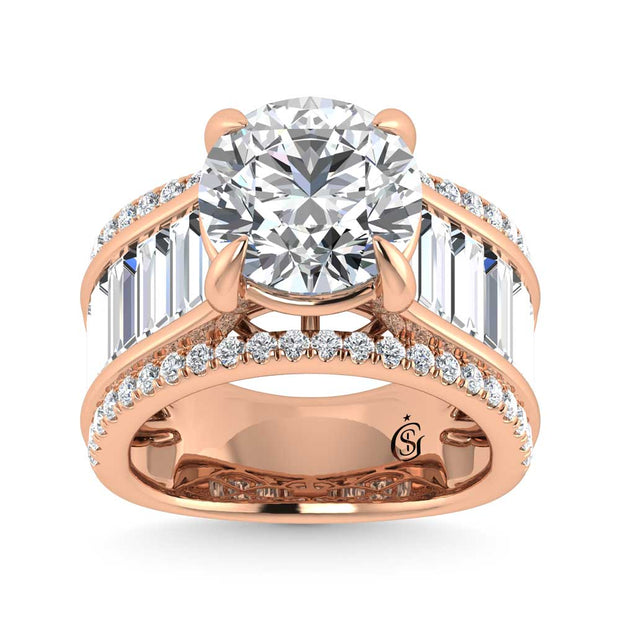 14K Rose Gold Lab Grown Diamond 8 1/6 Ct.Tw. Round and Baguette Shank Engagement Ring (Round Center)