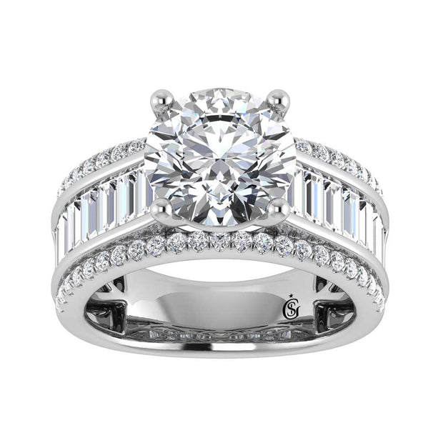 14K White Gold Lab Grown Diamond 4 1/3 Ct.Tw. Round and Baguette Shank Engagement Ring (Round Center)