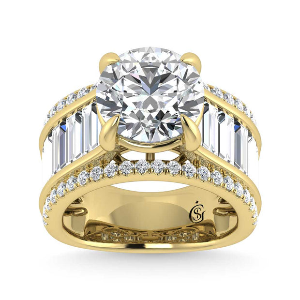 14K Yellow Gold Lab Grown Diamond 8 1/6 Ct.Tw. Round and Baguette Shank Engagement Ring (Round Center)