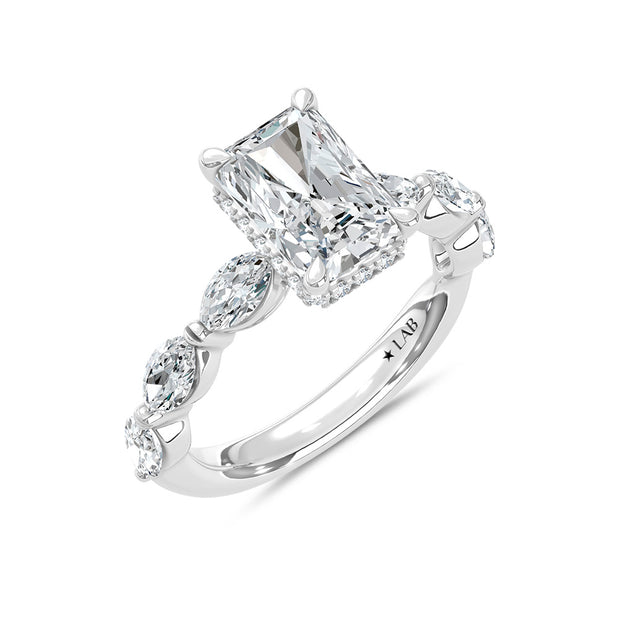 14K White Gold Lab Grown Diamond 3 7/8 Ct.Tw. Marquise and Round Engagement Ring (IGI Certified Center 3ct)
