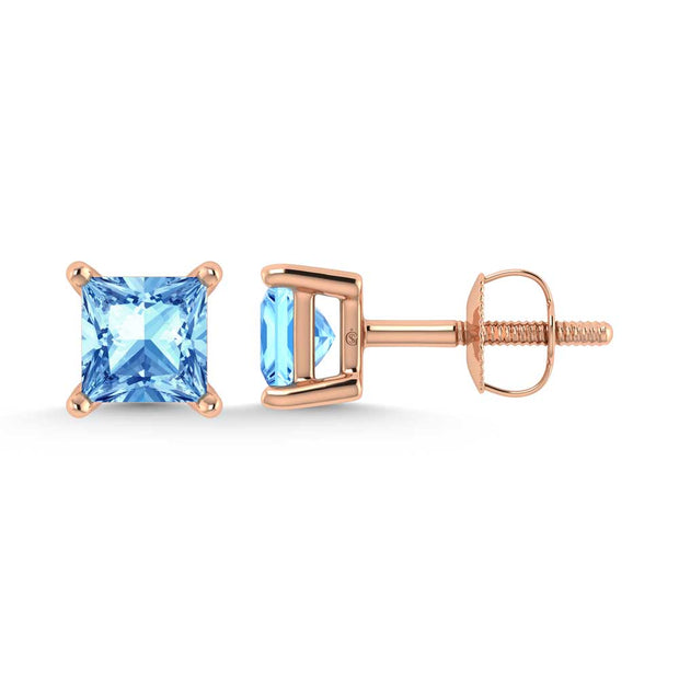14K Rose Gold Lab Grown Blue Diamond 3/4 Ct.Tw. Princess Stud Earrings