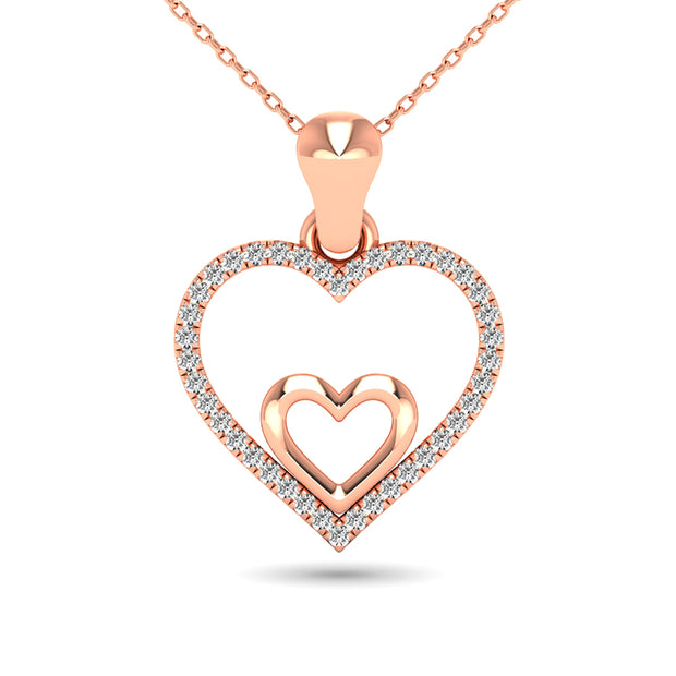 10K Rose Gold 1/10 Ctw Diamond Double Heart Pendant