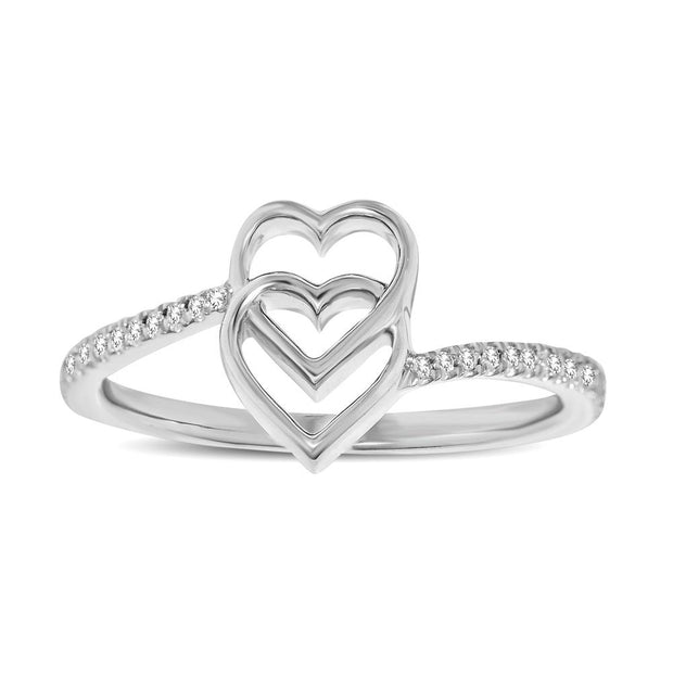 10K White Gold 1/10 Ctw Diamond Double Heart Ring
