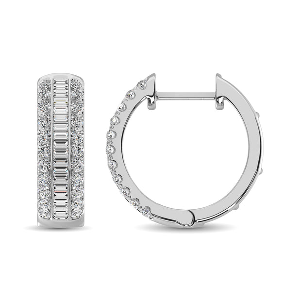 14K White Gold Round and Baguette Diamond 1/2 Ct.Tw. Hoop Earrings