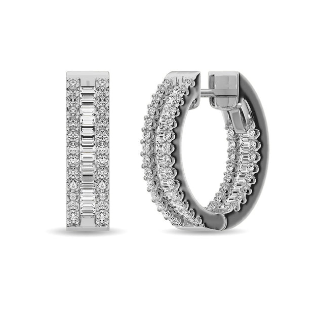 Diamond 2 Ct.Tw. Round and Baguette Hoop Earrings in 14K White Gold