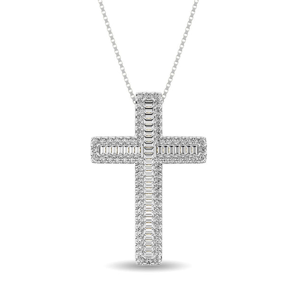 Diamond 1 Ct.Tw. Round and Baguette Cross Pendant in 14K White Gold
