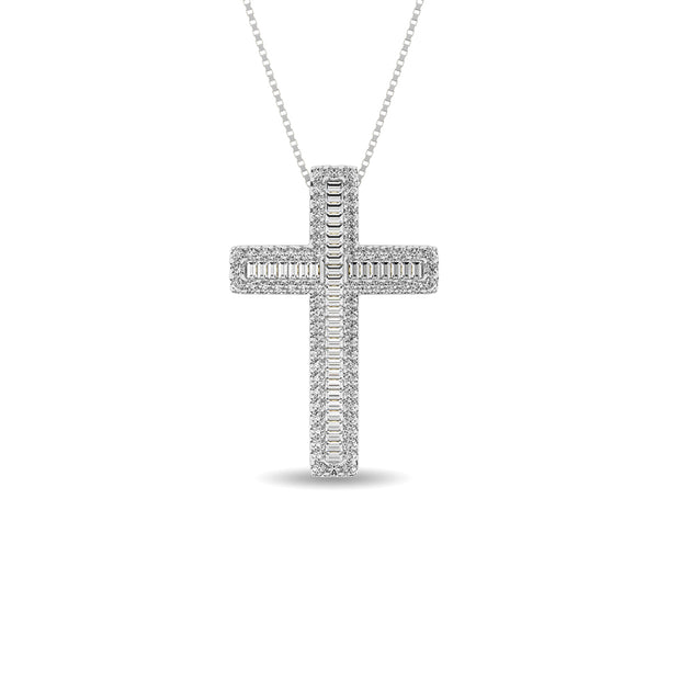 Diamond 1/2 Ct.Tw. Round and Baguette Cross Pendant in 14K White Gold