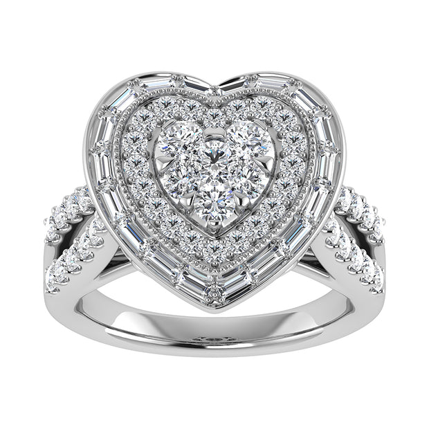 14K White Gold 1 1/2.Tw. Round and Straight Baguette Diamond Heart Ring