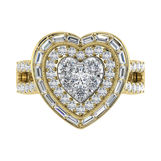 14K Yellow Gold 1 1/2.Tw. Round and Straight Baguette Diamond Heart Ring