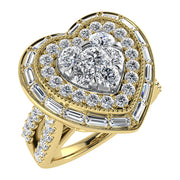 14K Yellow Gold 1 1/2.Tw. Round and Straight Baguette Diamond Heart Ring