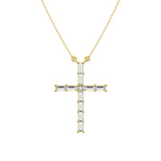 10K Yellow Gold 1/4 Ct.Tw. Diamond Round and Baguette Cross Necklace