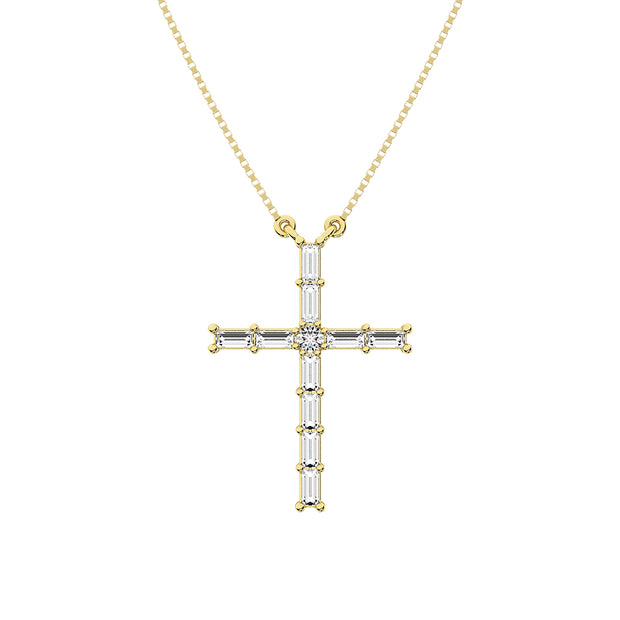 10K Yellow Gold 1/4 Ct.Tw. Diamond Round and Baguette Cross Necklace