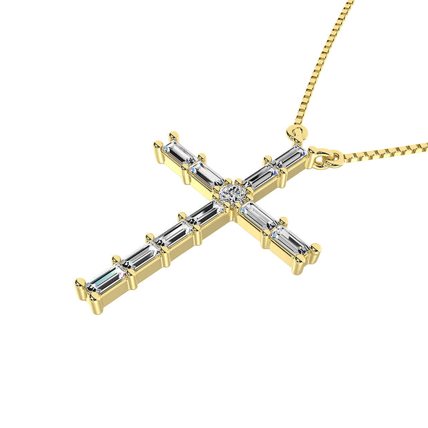 10K Yellow Gold 1/4 Ct.Tw. Diamond Round and Baguette Cross Necklace