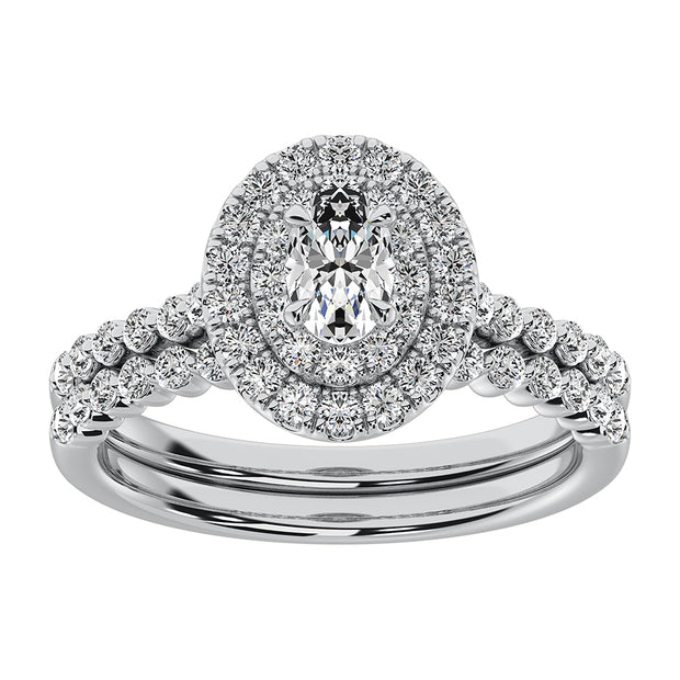 14K White Gold 1 Ct.Tw. Diamond Oval Shape Double Halo Bridal Ring
