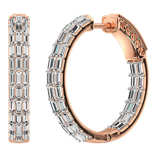 14K Rose Gold 1 Ct.Tw. Diamond Baguette Set Hoop Earrings