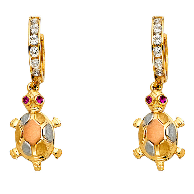 14K Tri-Color Gold CZ Turtle Hanging Earrings