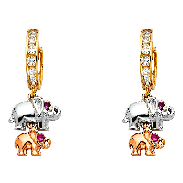 14K Tri-Color Gold CZ Elephant Hanging Earrings