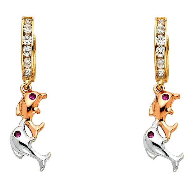 14K Tri-Color Gold CZ Dolphin Hanging Earrings