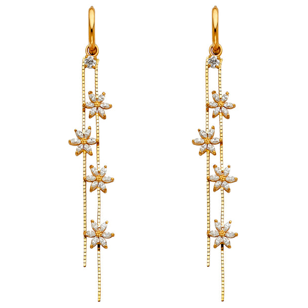 14K Gold CZ Flower Hanging Earrings