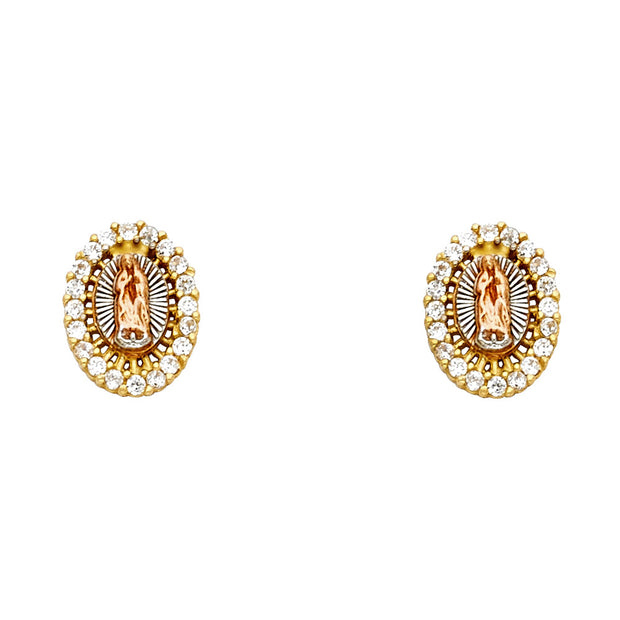 14K Our Lady of Guadalupe Earrings CZ Tri-color