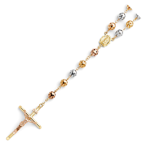 14K THREE COLORED GOLD 8MM PUFF BALL ROSARY NECKLACE