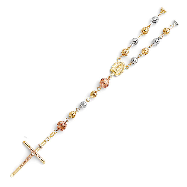 14K THREE-COLORED GOLD 6MM PUFF BALL ROSARY NECKLACE