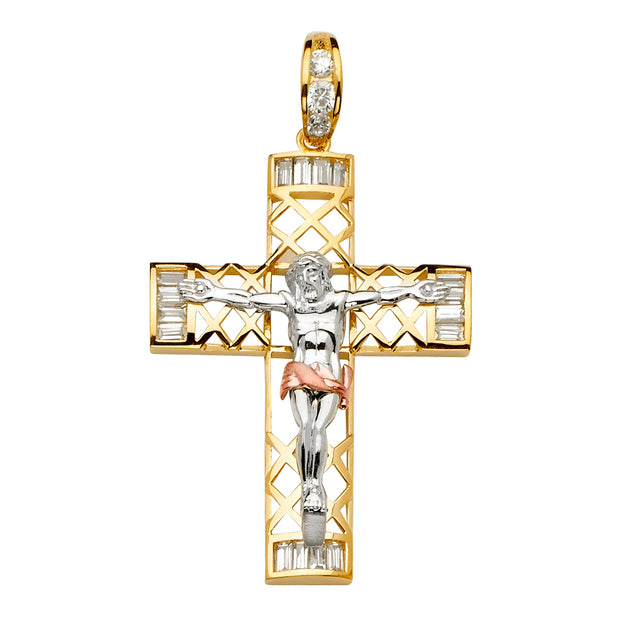 14K Three-Colored Gold CZ Crucifix Cross Pendant
