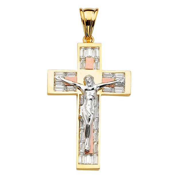 14K Three-Color Gold CZ Crucifix Cross Pendant