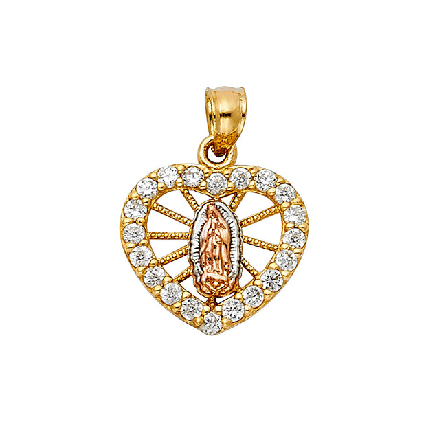 14KT CZ GUADALUPE RELIGIOUS HEART PENDANT