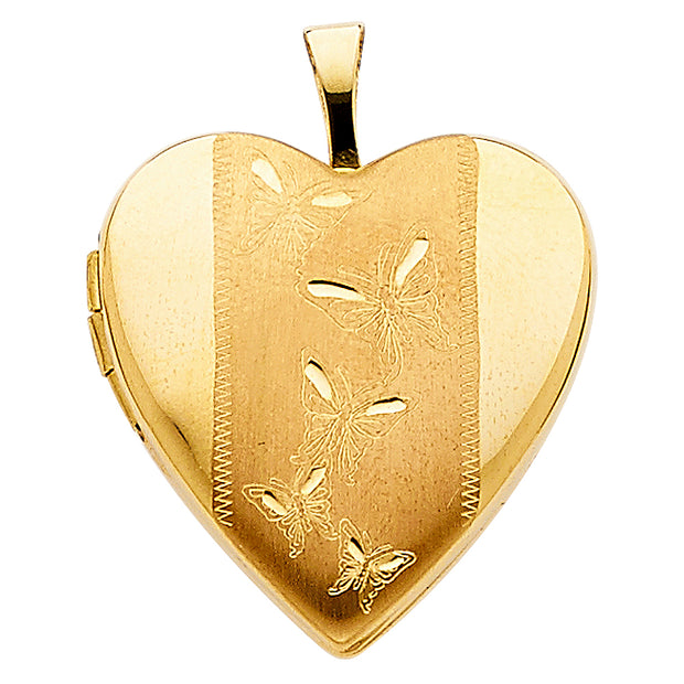 14K Butterfly Engraved Heart Locket Pendant