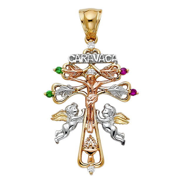 14K 3C CZ Religious Cross of Caravaca Pendant