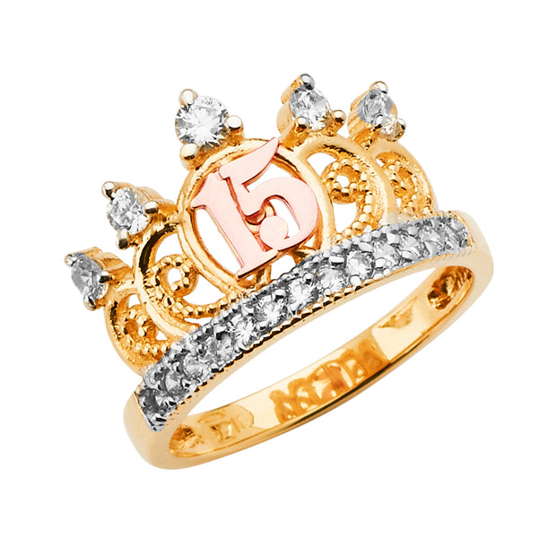 14K 15 Years CZ Crown Ring