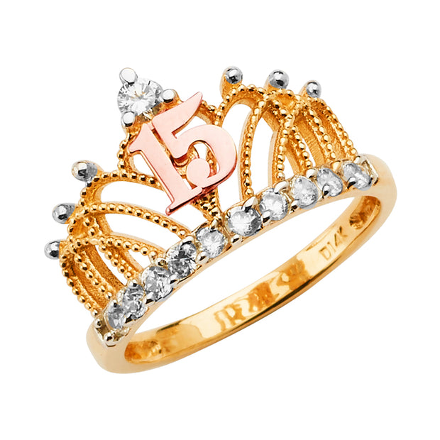 14K  15 Years CZ Crown Ring