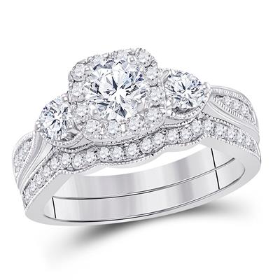 14K WHITE GOLD ROUND DIAMOND BRIDAL WEDDING RING SET 1 CTTW (CERTIFIED)