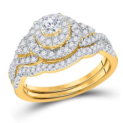 10K DIAMOND DOUBLE HALO BRIDAL WEDDING RING SET 3/4 CTTW