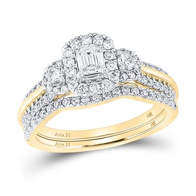 14K YELLOW GOLD EMERALD DIAMOND BRIDAL WEDDING RING SET 1 CTTW (CERTIFIED)