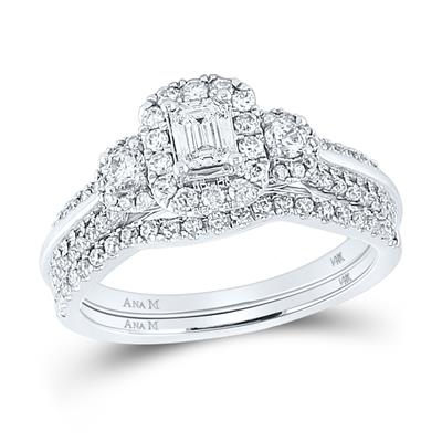14K WHITE GOLD EMERALD DIAMOND BRIDAL WEDDING RING SET 1 CTTW (CERTIFIED)