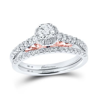 14K TWO-TONE GOLD ROUND DIAMOND BRIDAL WEDDING RING SET 7/8 CTTW (CERTIFIED)