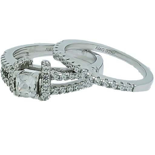 Micro Pave 925 Sterling Silver Bridal Set Rhodium Plating with Cubic Zirconia