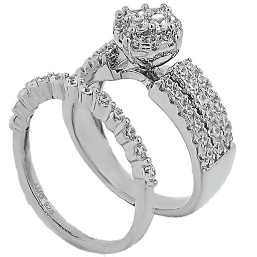 Micro Pave 925 Sterling Silver Bridal Set Rhodium Plating with Cubic Zirconia