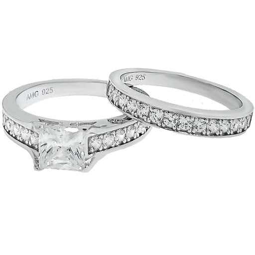 Micro Pave 925 Sterling Silver Bridal Set Rhodium Plating with Cubic Zirconia